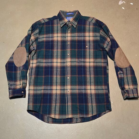 Pendleton Made‎ in USA 100% Virgin Wool Long Sleeve Leather Elbow Shirt Medium - Picture 1 of 4